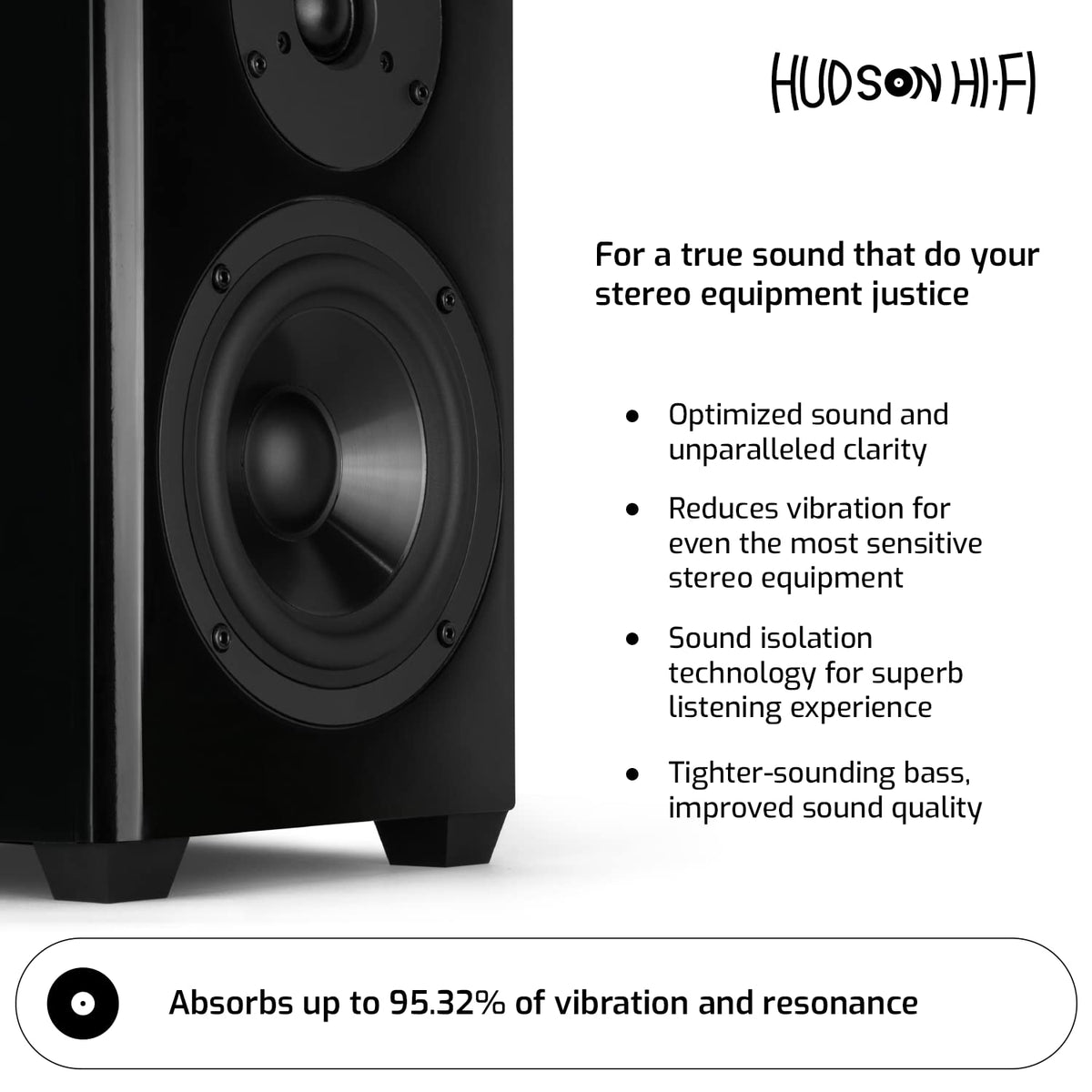 Hudson Hi-Fi Block Silicone Isolation Feet beneath a turntable for steadier playback and reduced feedback.