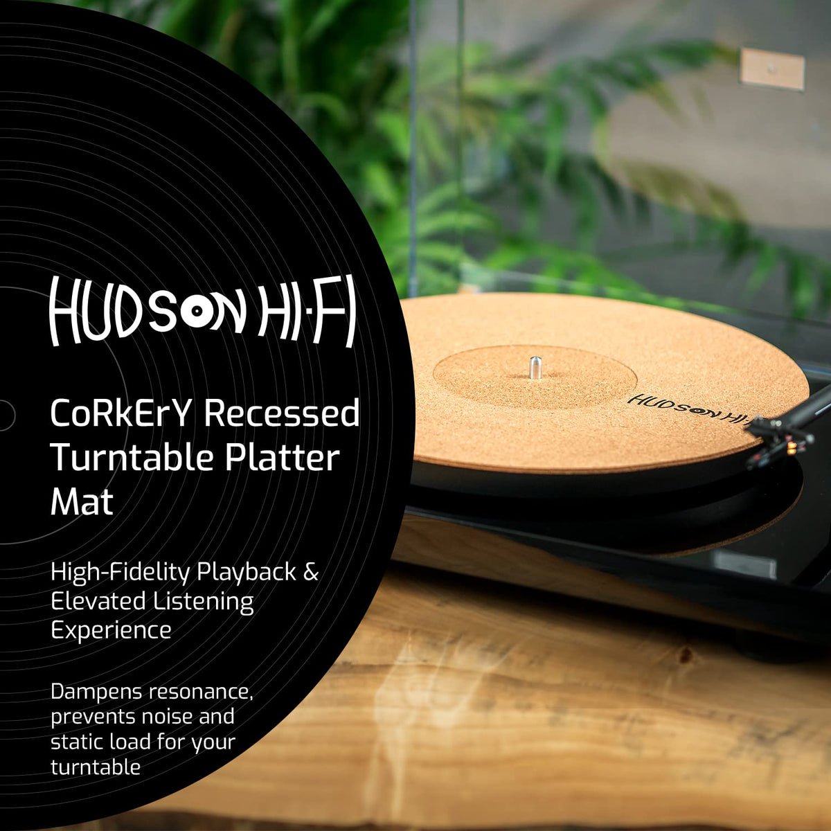 Hudson Hi-Fi Corkery cork close-up highlights cork texture for reduced static and smoother contact