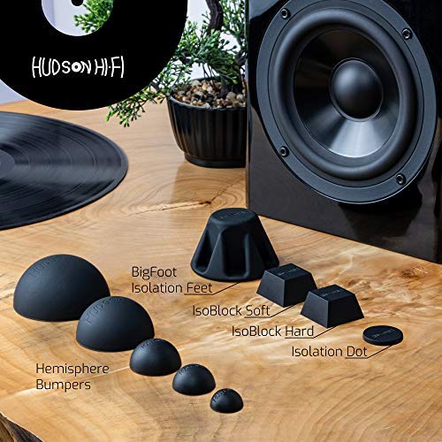 Hudson Hi-Fi 2in isolation feet on a speaker for precise bass and clearer highs.