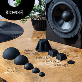 Hudson Hi-Fi 2in isolation feet on a speaker for precise bass and clearer highs.