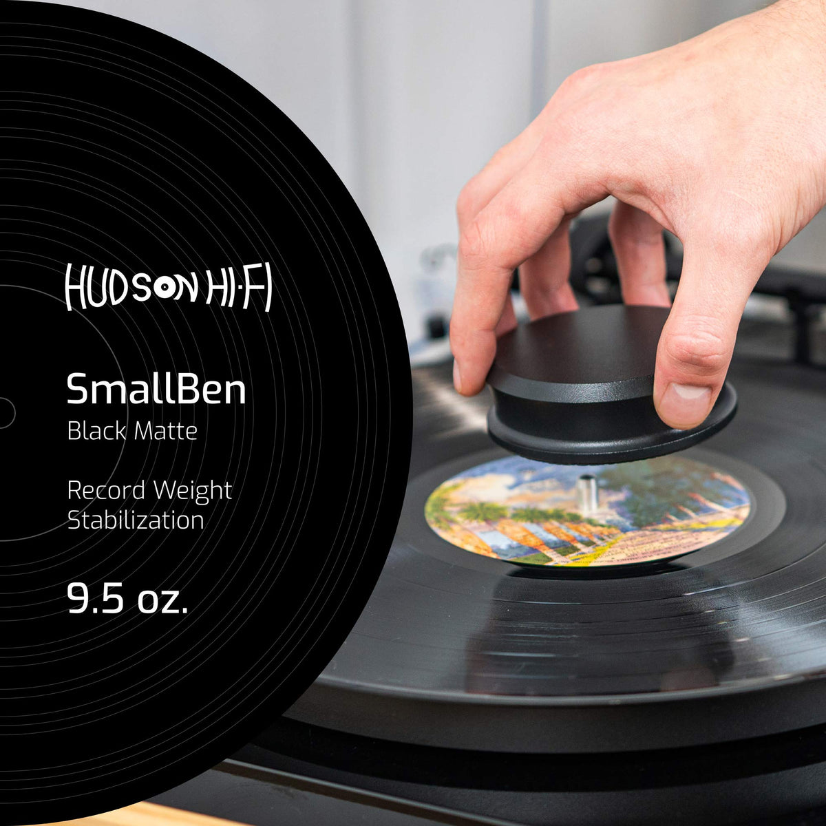 Protective leather pad between record and stabilizer reduces resonance