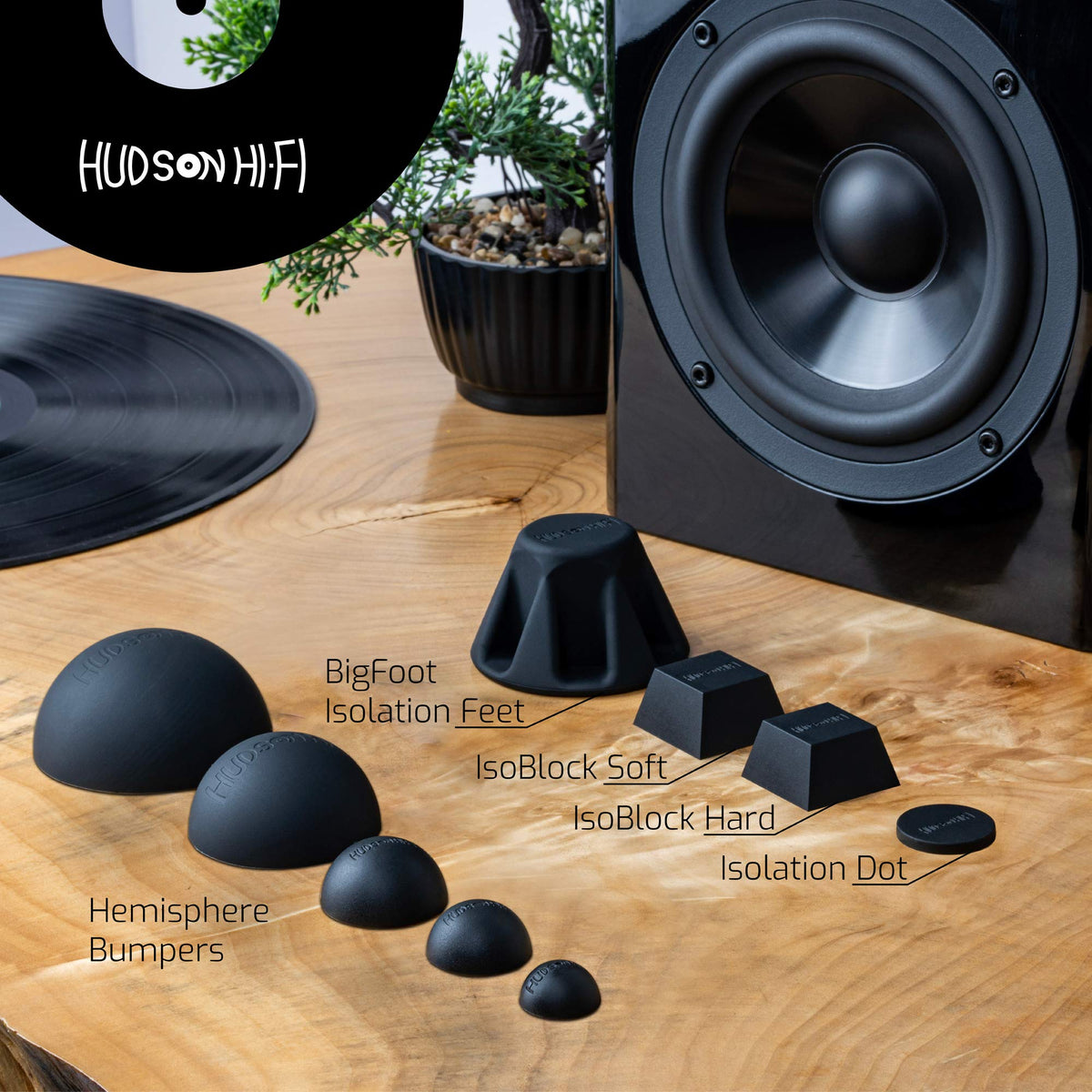 Hudson Hi-Fi 8-pack isolation feet designed for multiple devices in a single setup.