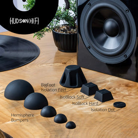 Hudson Hi-Fi 8-pack isolation feet designed for multiple devices in a single setup.