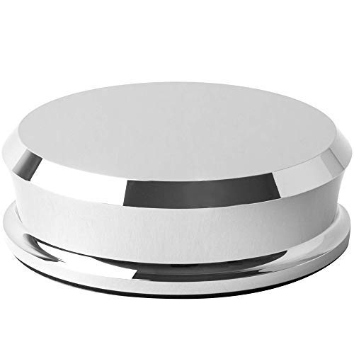 Hudson Hi-Fi SmallBen Chrome stabilizer on a turntable boosts record stability.