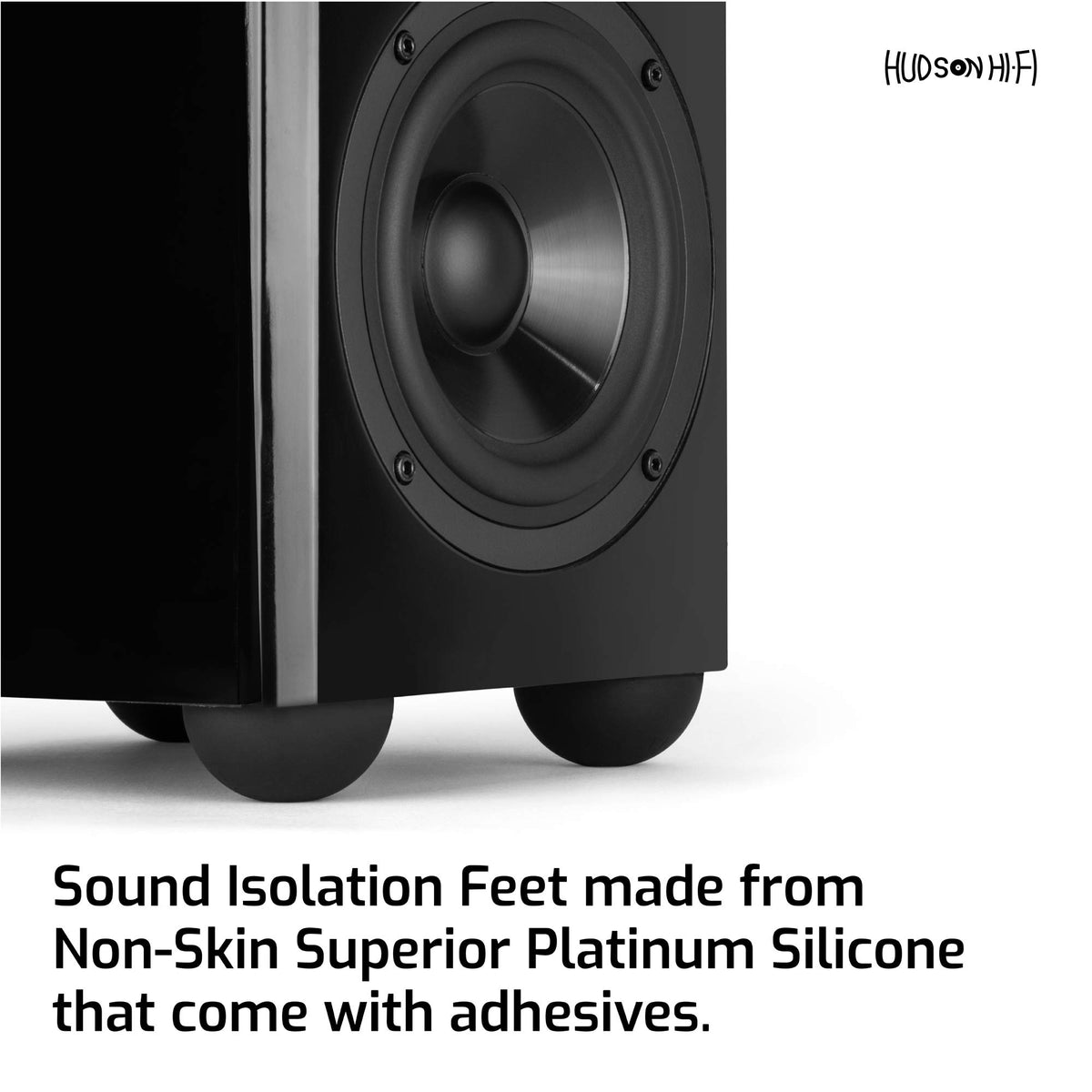 Hudson Hi-Fi isolation feet under a turntable protect the surface and stabilize the device.