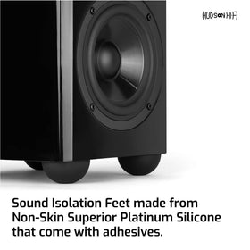 Hudson Hi-Fi isolation feet under a turntable protect the surface and stabilize the device.