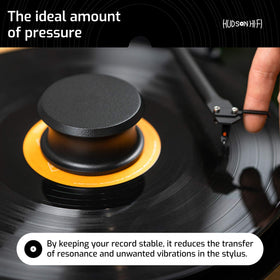 Hudson Hi‑Fi weight beside a ruler for scale showing compact, effective mass benefit