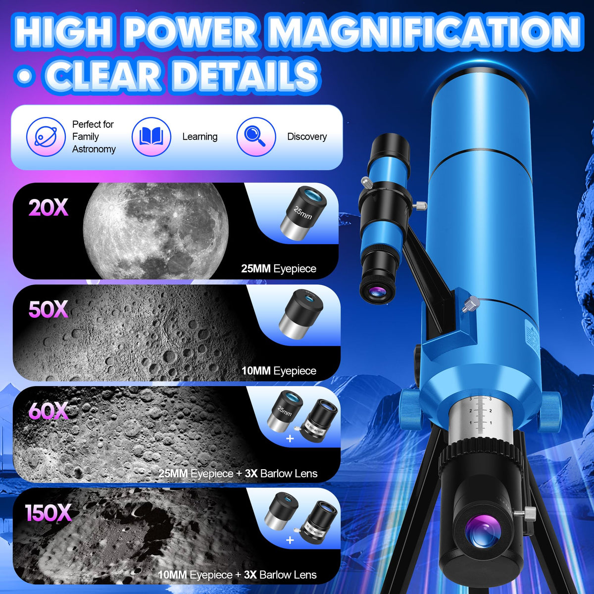 HUGERSTAR 3X Barlow lens increases magnification for distant targets