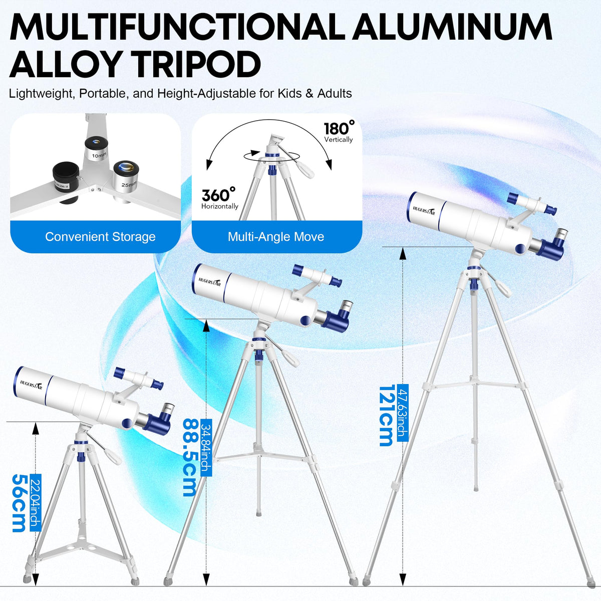 HUGERSTAR adjustable tripod provides stable viewing at any height