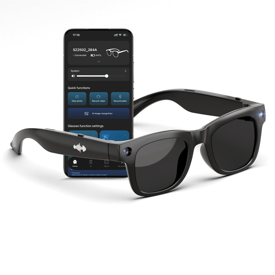 Hugur AI Smart Glasses with 8MP camera for crisp POV photos.