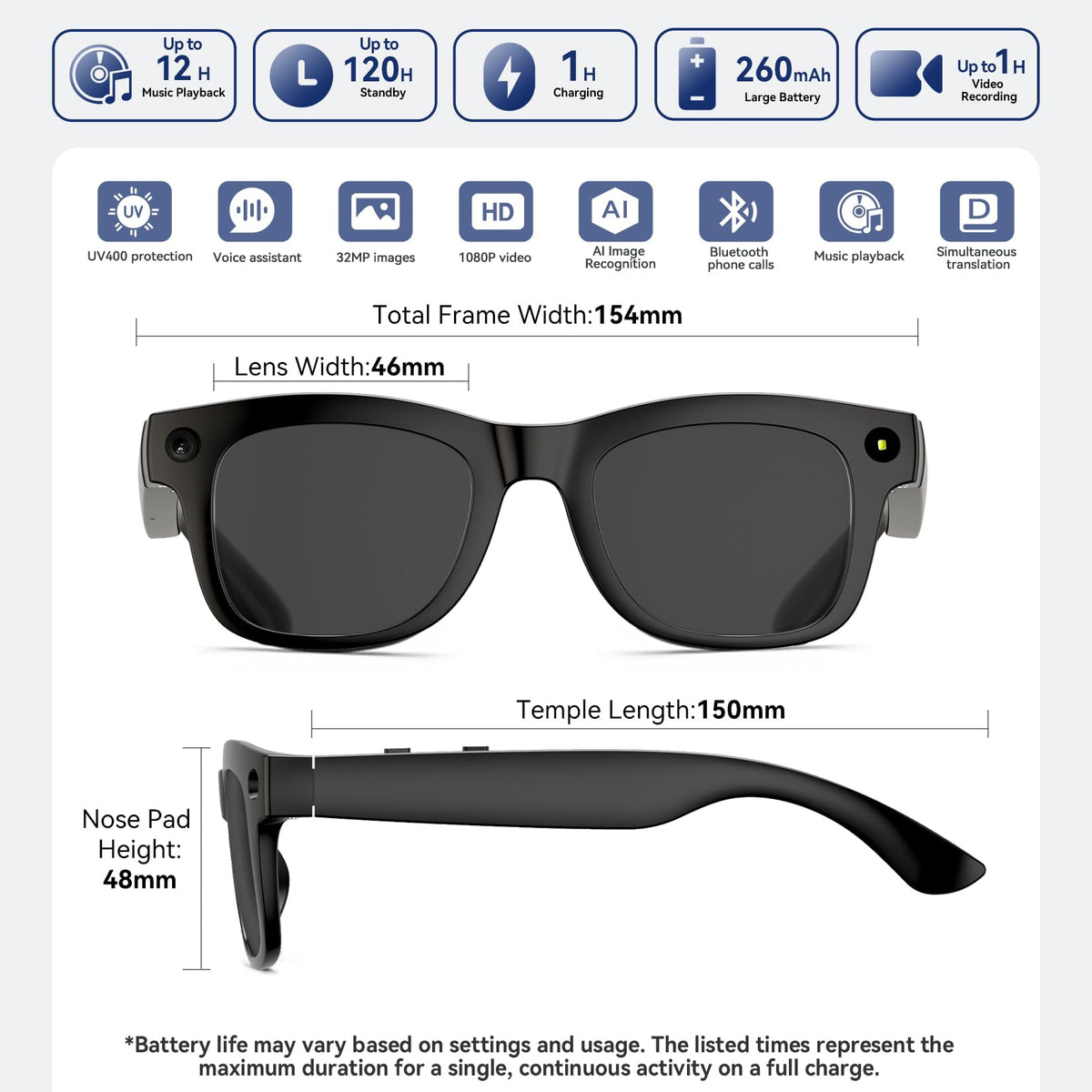 Hugur AI Smart Glasses with EIS for stable 2K photos and videos.