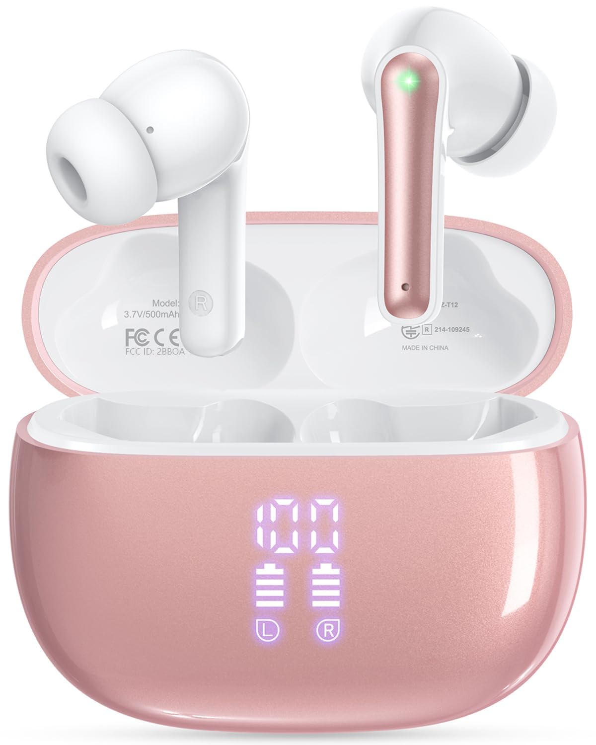 HUIFU T12 earbuds on charging case showing battery status for easy power check