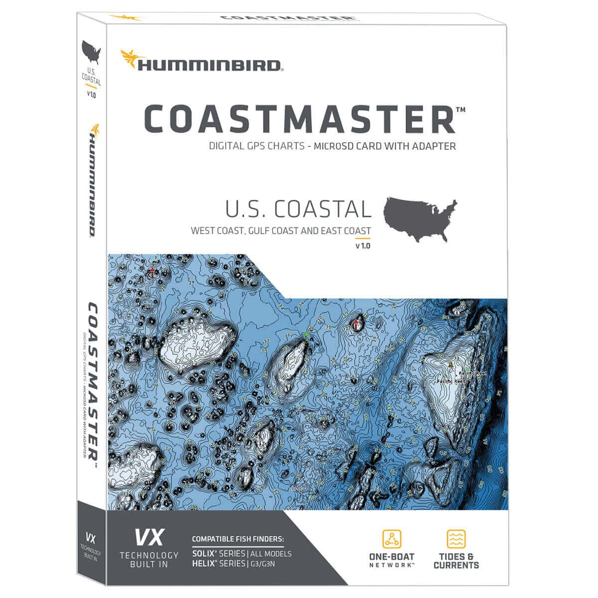 Humminbird CoastMaster preset views switch between fishing and nautical charts easily.