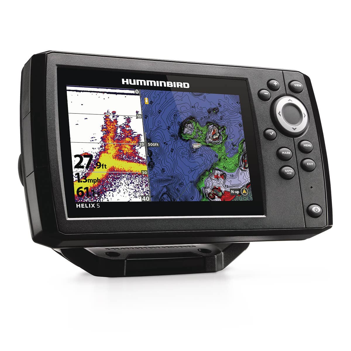 Humminbird Helix 5 G3 GPS Fish Finder CHIRP screen with Dual Spectrum for detailed views.