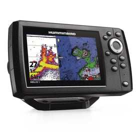 Humminbird Helix 5 G3 GPS Fish Finder CHIRP screen with Dual Spectrum for detailed views.