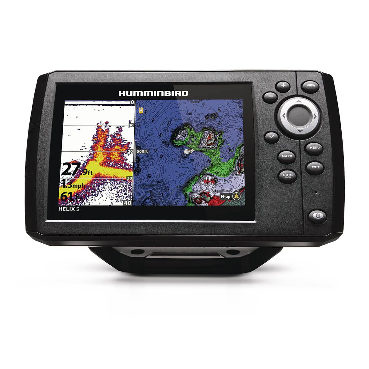 Humminbird Helix 5 G3 GPS Fish Finder front display clearly shows depth and fish arches.