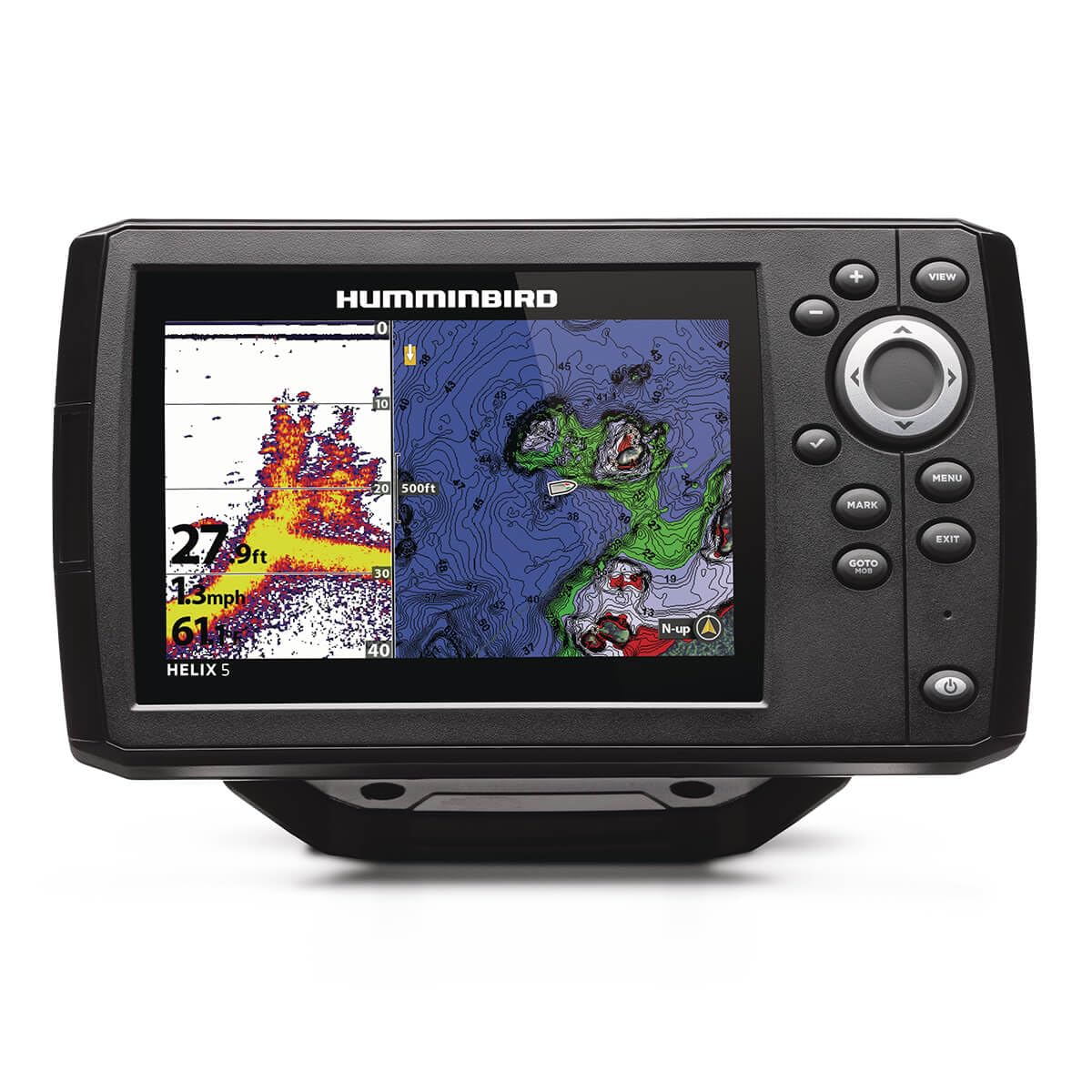 Humminbird Helix 5 G3 GPS Fish Finder transducer setup enables precise sonar scanning.