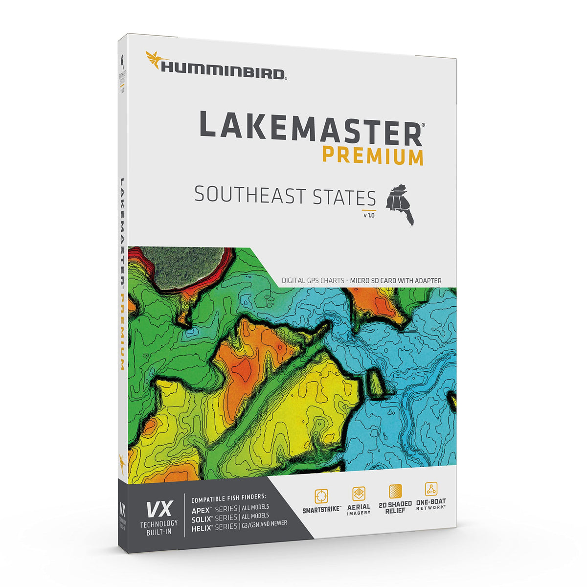 Humminbird LakeMaster Premium map shows 2D shaded relief for clear bottom visualization.