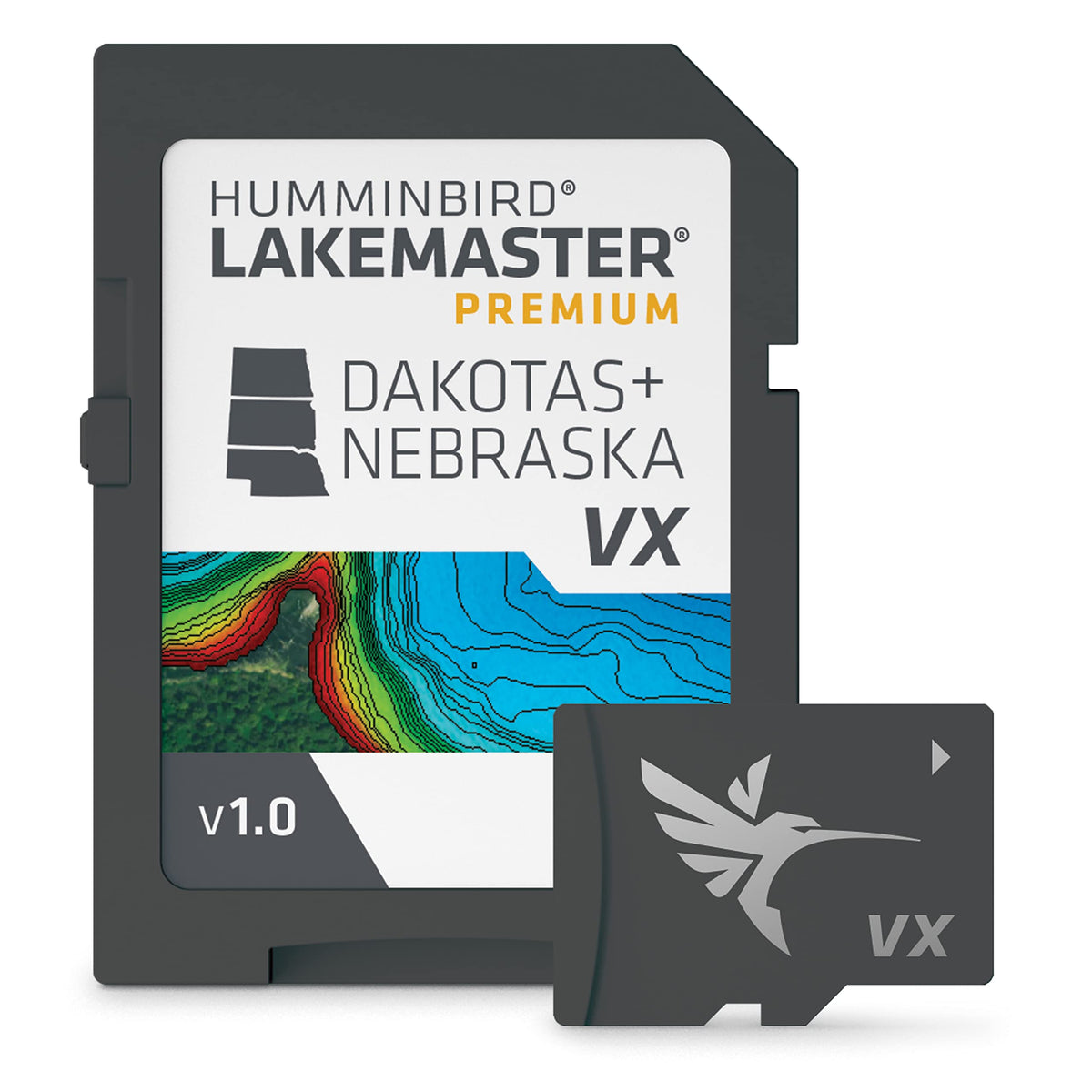Humminbird Lakemaster Dakotas + Nebraska map highlights fishing hotspots and precise contours.