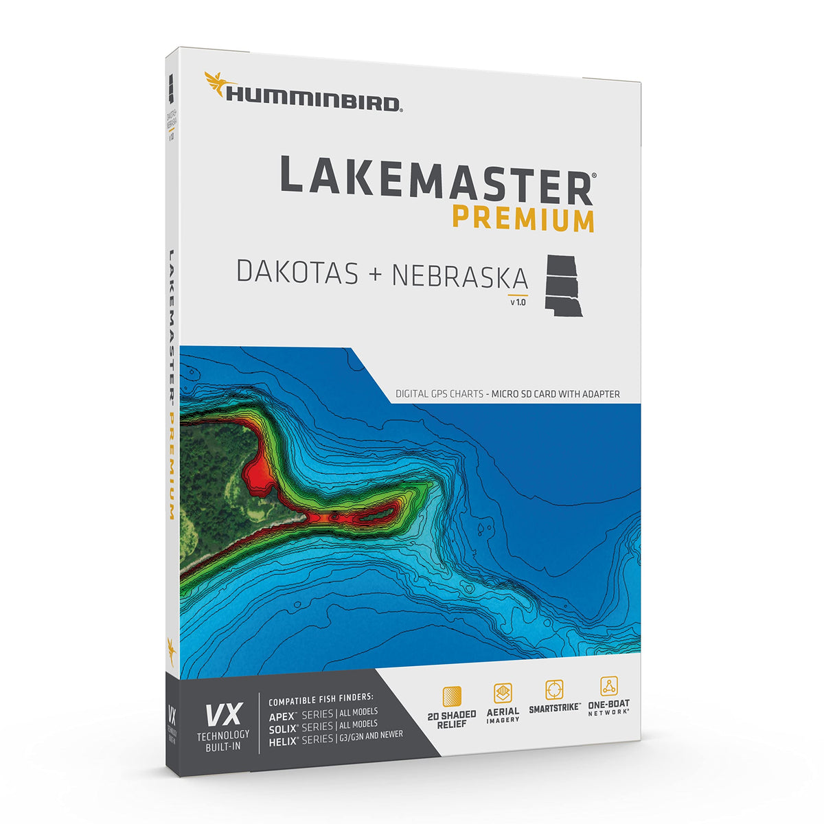 Humminbird Lakemaster Dakotas + Nebraska map aids navigation and planning on Dakotas and Nebraska waters.