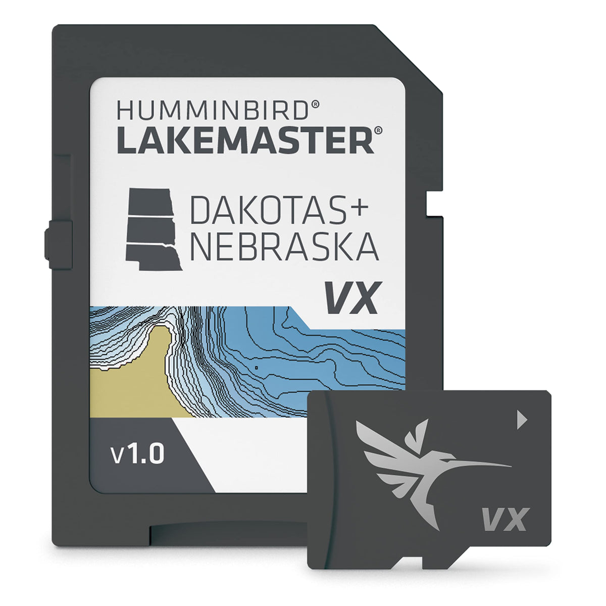 Humminbird LakeMaster map card package with Dakotas and Nebraska data for quick lake planning.