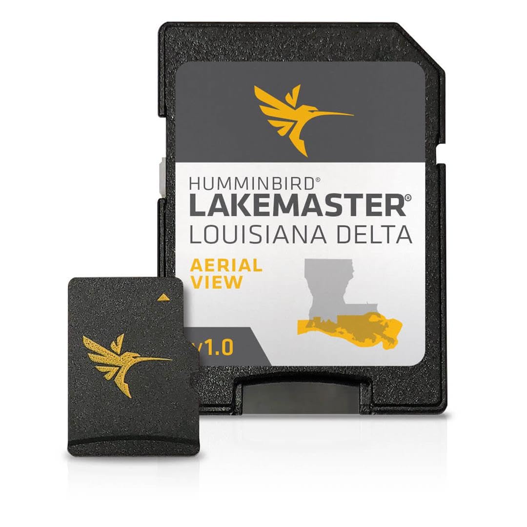 Humminbird Lakemaster Louisiana Delta aerial view map SD card enhances navigation with detailed contours.