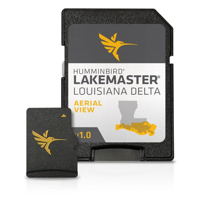 Humminbird Lakemaster Louisiana Delta aerial view map SD card enhances navigation with detailed contours.