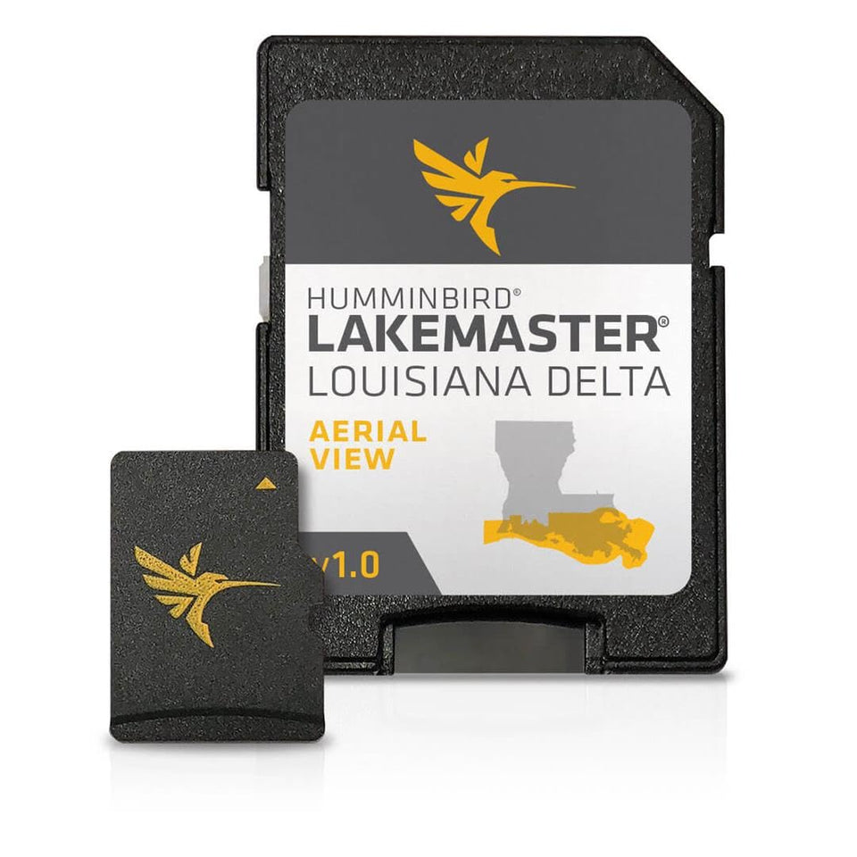Humminbird Lakemaster Louisiana Delta aerial view map SD card enhances navigation with detailed contours.