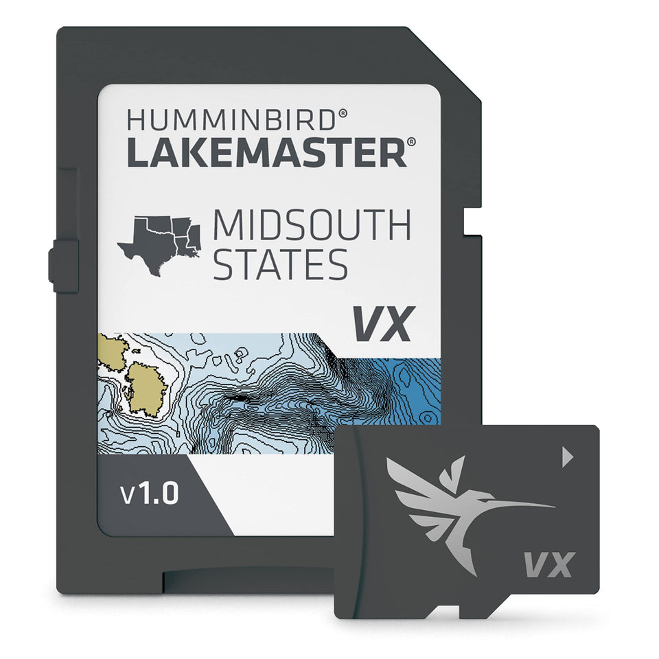 Humminbird LakeMaster Midsouth map card top view highlights contours for planning