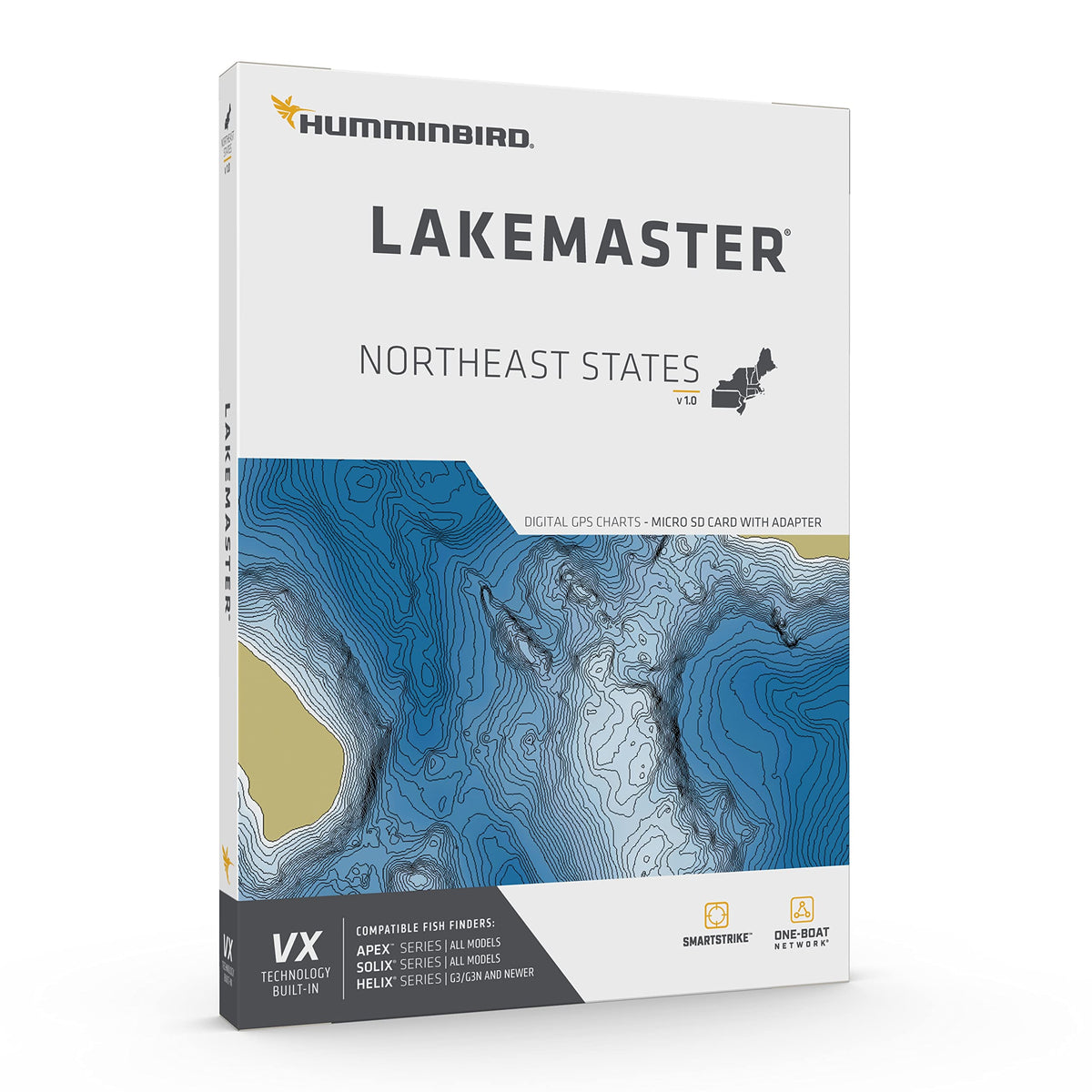 Humminbird LakeMaster Northeast V1 map card features highlight advanced view options