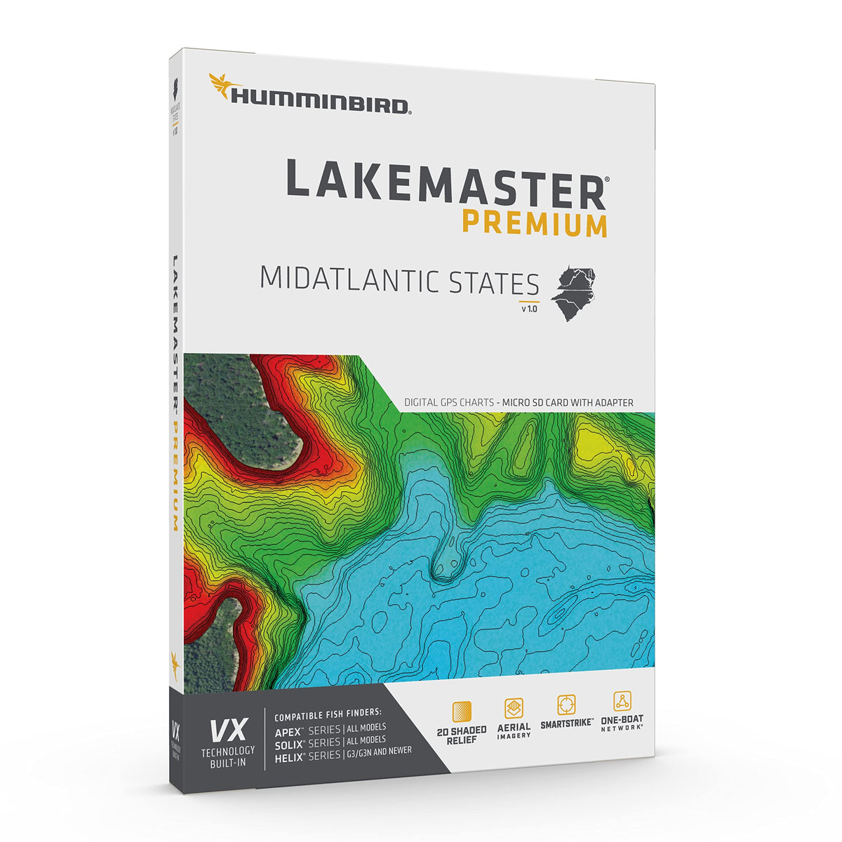 Humminbird LakeMaster premium map with 2D shaded relief highlights bottom detail for better targeting.