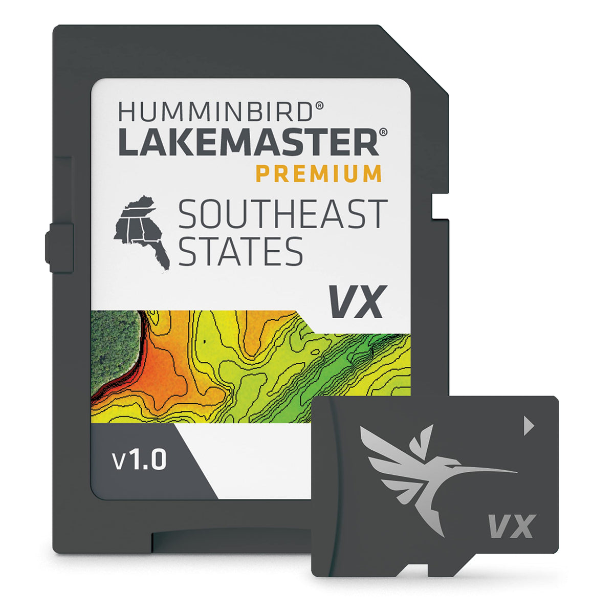 Humminbird LakeMaster Premium Southeast States map SD card with precise contours for faster finds.