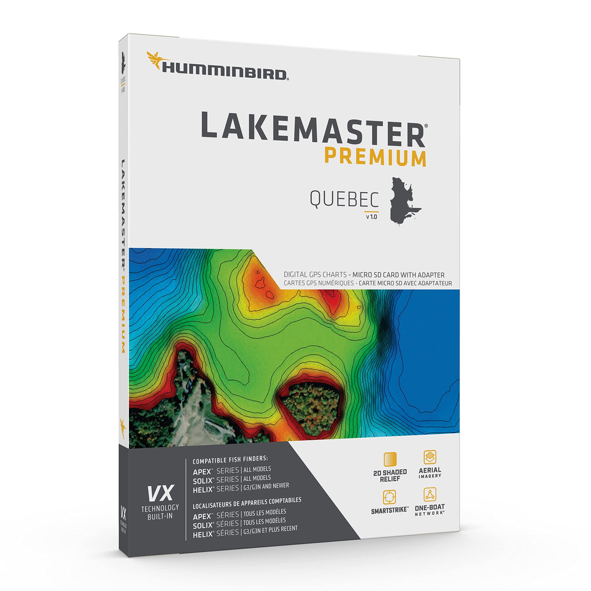 Humminbird LakeMaster Quebec map with aerial imagery enhances navigation and lake overview for planning trips.
