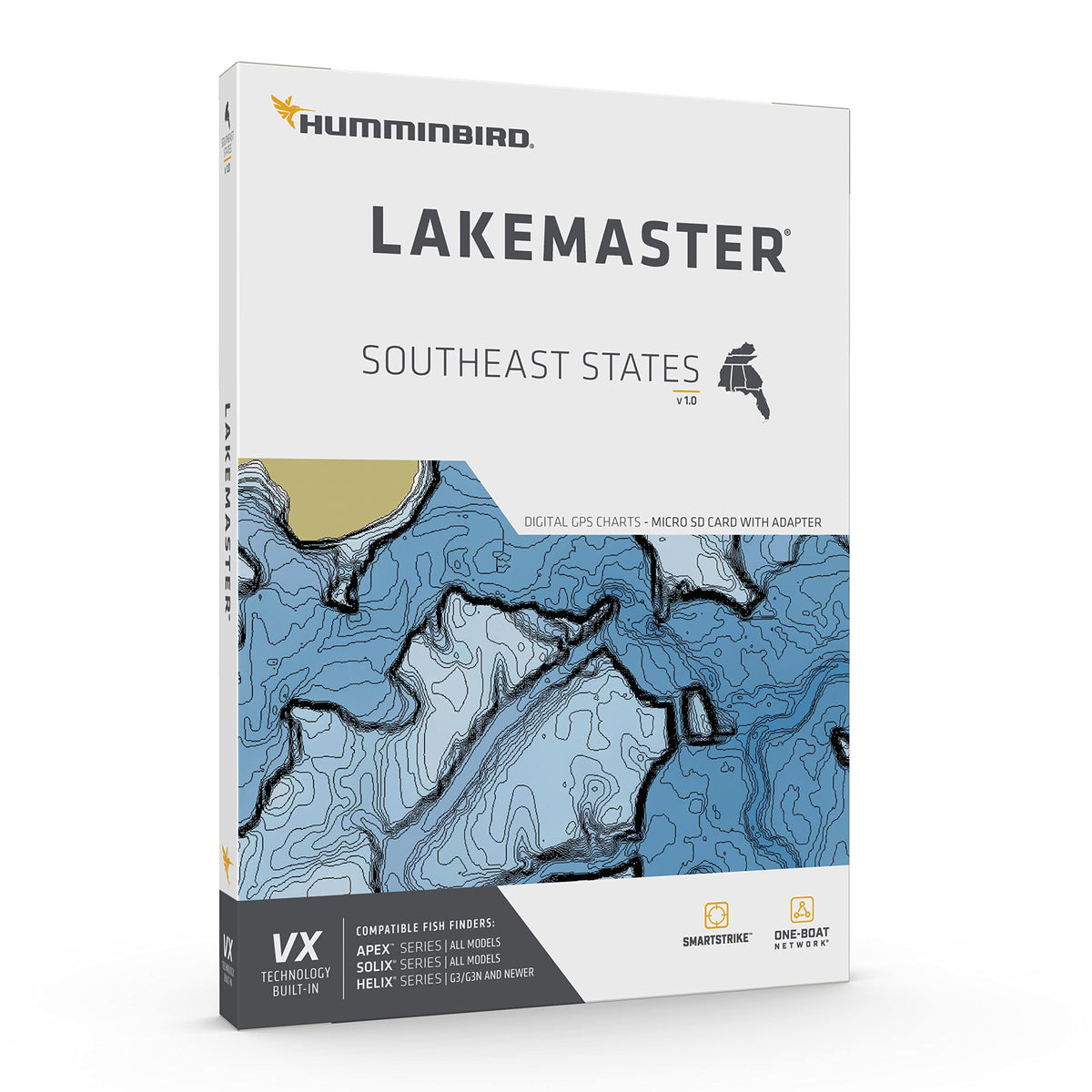 Humminbird LakeMaster Southeast chart view showing depth and shallow water highlights.