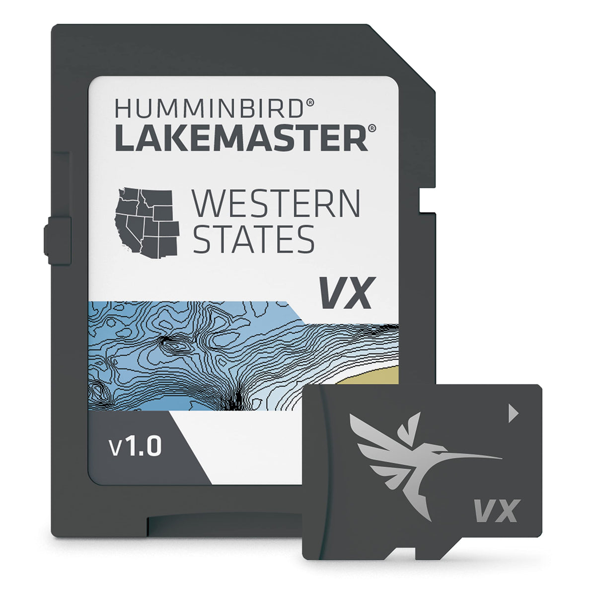 Humminbird LakeMaster Western States SD card packaging for enhanced planning.