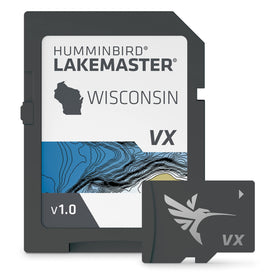 Humminbird LakeMaster Wisconsin map SD card cover showing detailed lake data for faster fishing decisions.