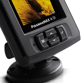 Humminbird PiranhaMAX 4 DI down imaging reveals timber, rocks, and brush below.
