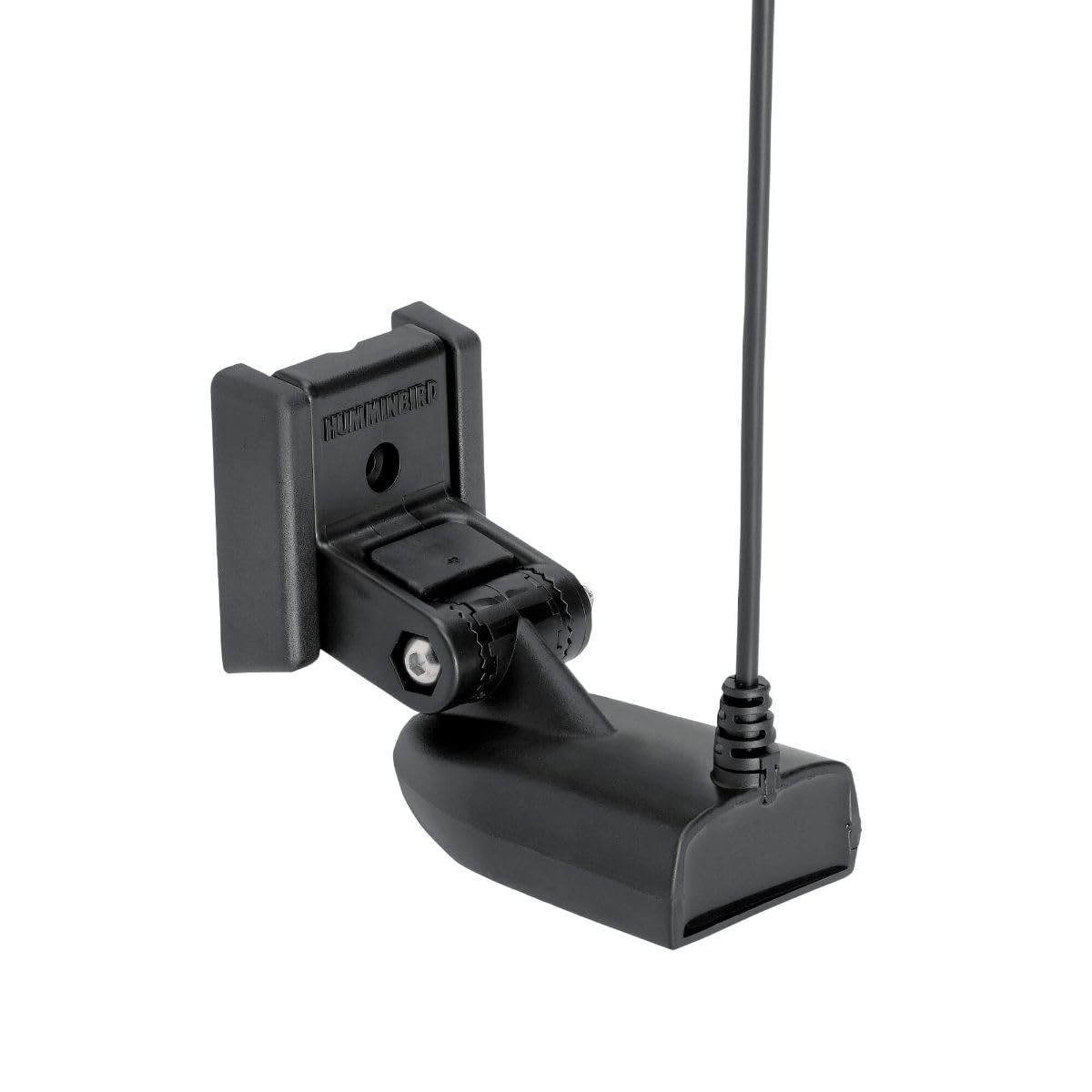 Humminbird transom temperature transducer with MEGA side imaging for long-range underwater detail.