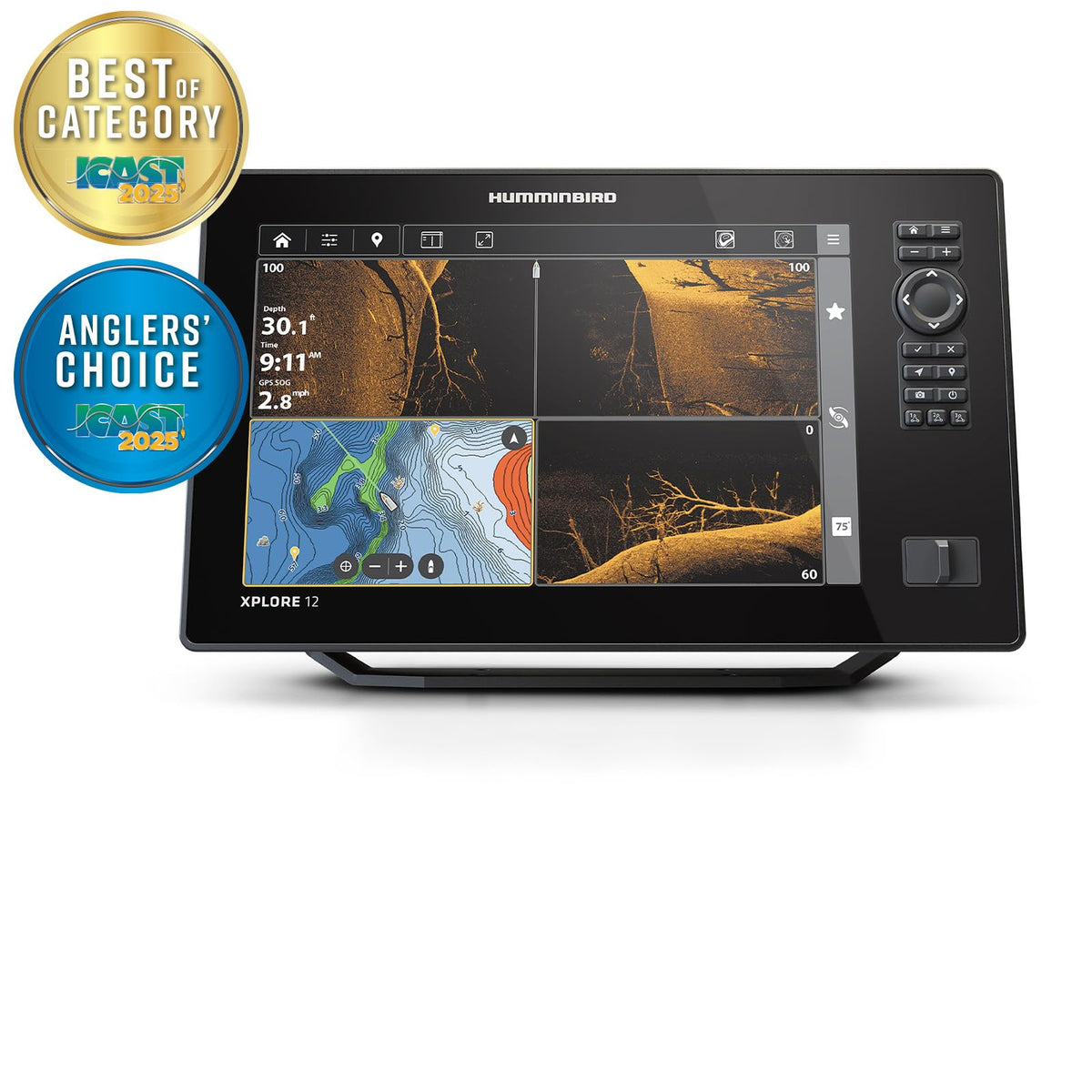 Humminbird XPLORE 12 Mega Down Imaging captures bottom detail for precise fishing.
