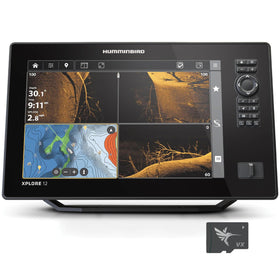Humminbird XPLORE 12 Mega Side Imaging view reveals broad underwater structure for faster spots.