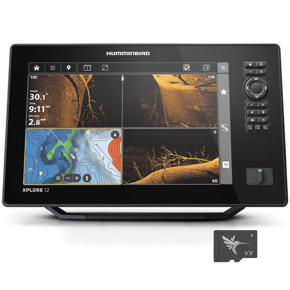 Humminbird XPLORE 12 Mega Side Imaging view reveals broad underwater structure for faster spots.