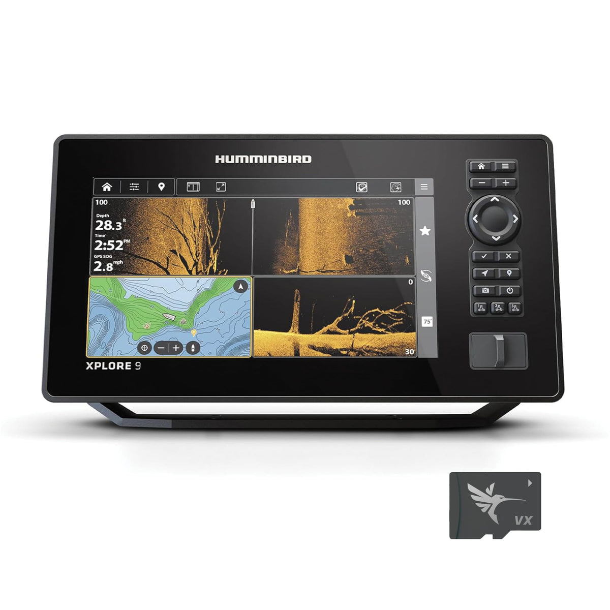 Humminbird XPLORE 9 mega side imaging for broad underwater scouting.