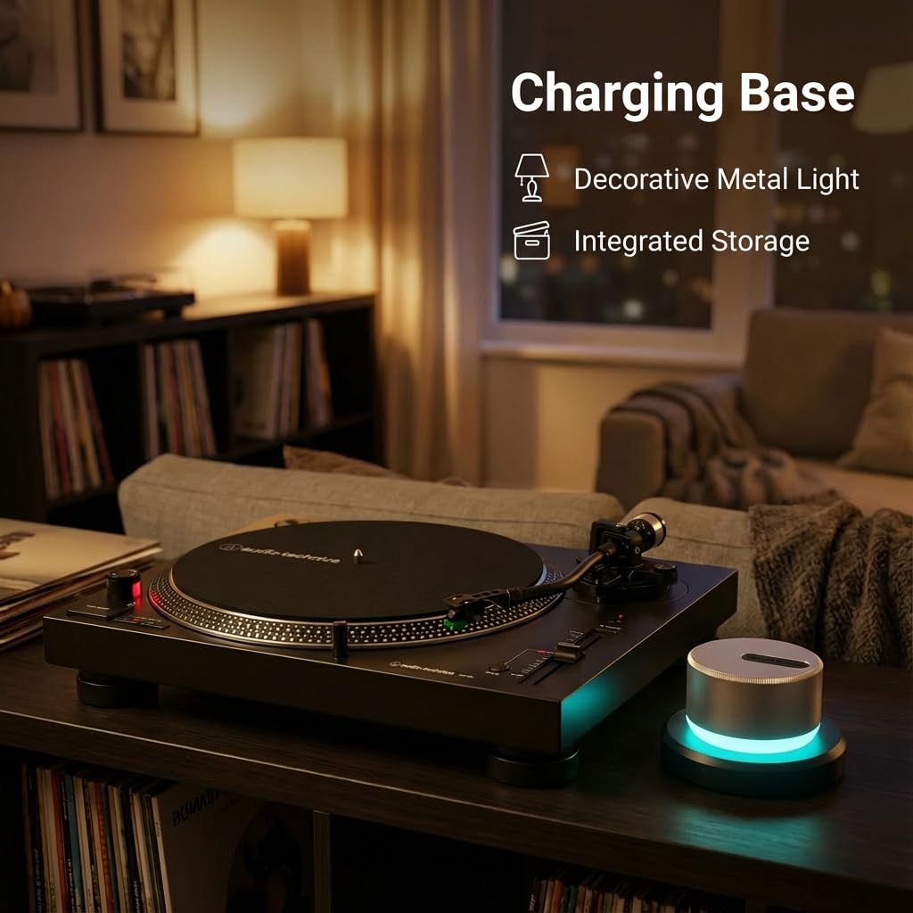 Nine-color LED ambient halo enhances mood around the vinyl setup.