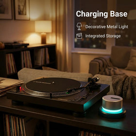 Nine-color LED ambient halo enhances mood around the vinyl setup.