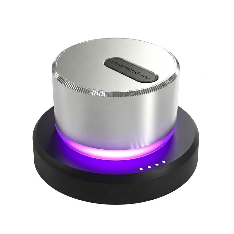 HumminGuru LUMI stabilizer mounted on a turntable for steadier tracking.
