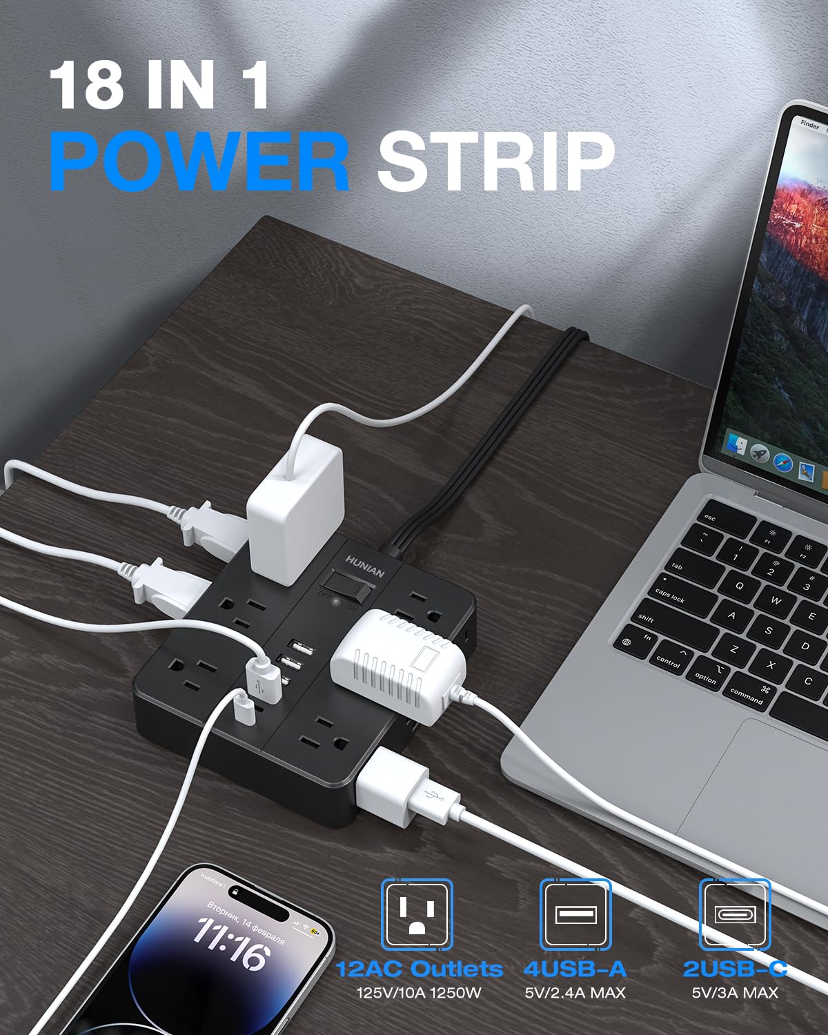 HUNIAN six USB ports including USB-C provide versatile charging for devices