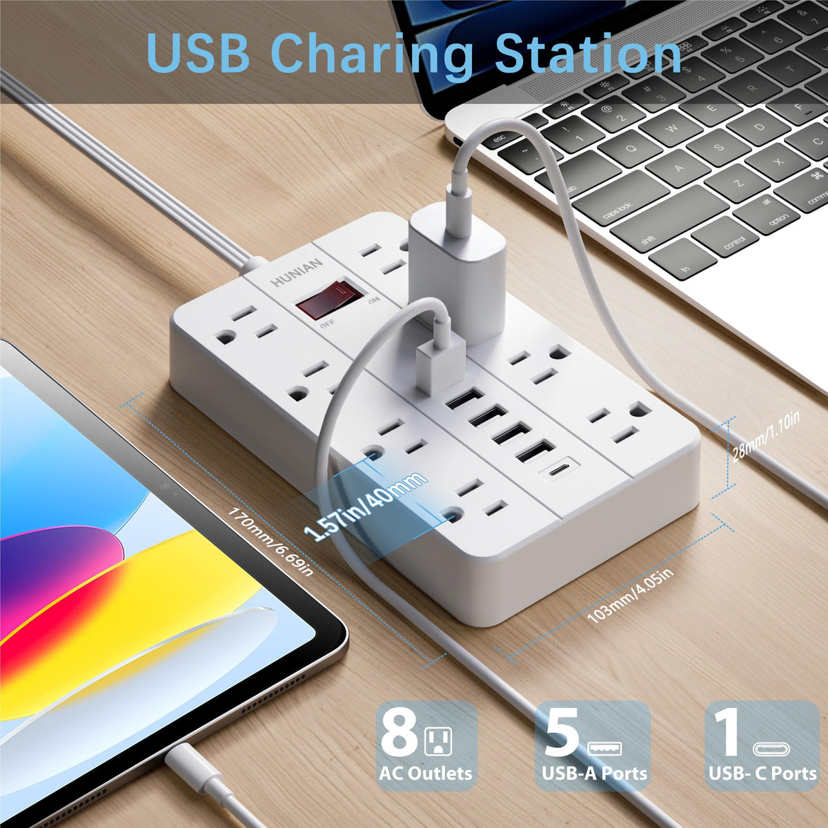HUNIAN close-up of 45-degree flat plug fitting behind furniture to save space