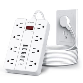HUNIAN front view power strip showing all outlets and USB ports for organized charging