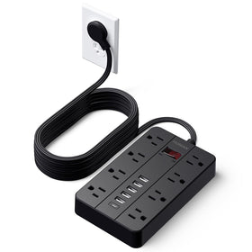 HUNIAN front view of power strip showing all outlets and ports for organized charging