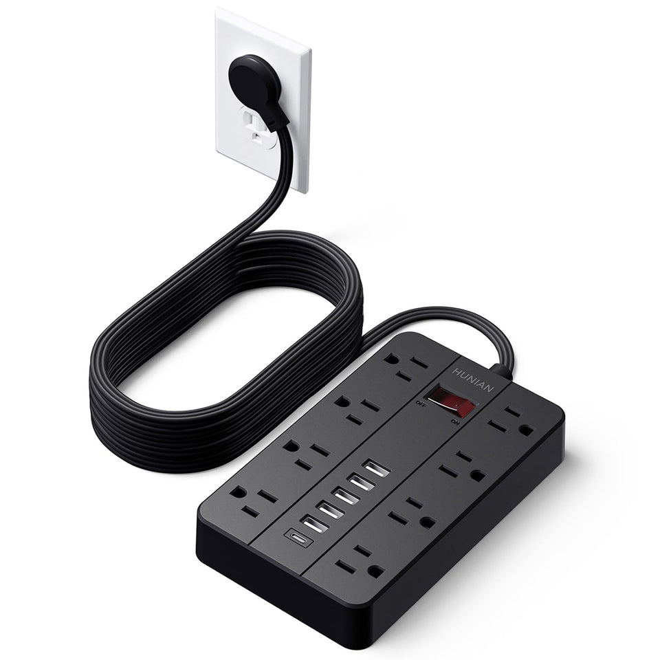HUNIAN front view of power strip showing all outlets and ports for organized charging